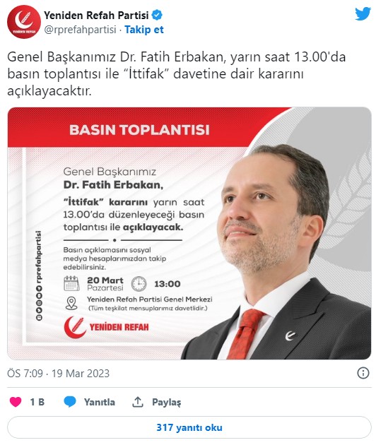 Yeniden Refah Partisi Genel Başkanı Fatih Erbakan ittifak için kararını verdi...